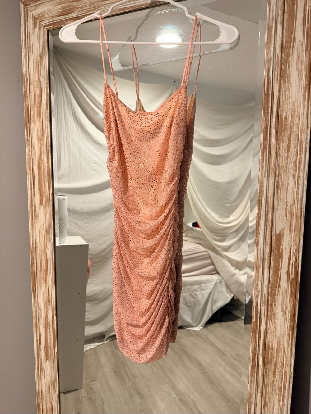 Oh Polly Blush Pink Ruched Slip Mini Dress with Sparkle